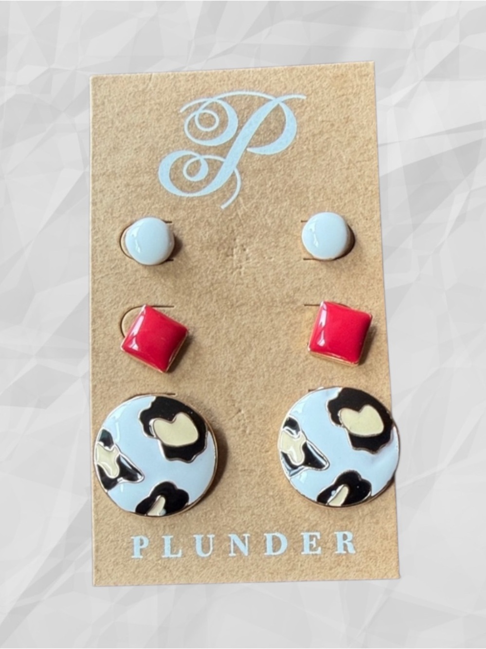 Plunder Earring Set - (3) Pair of Stud Earrings - White, Red, Black Pattern